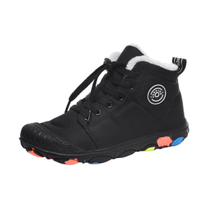Black Alpine Kids winter barefoot boot with white fleece lining, lace-up front and multicolor grip sole