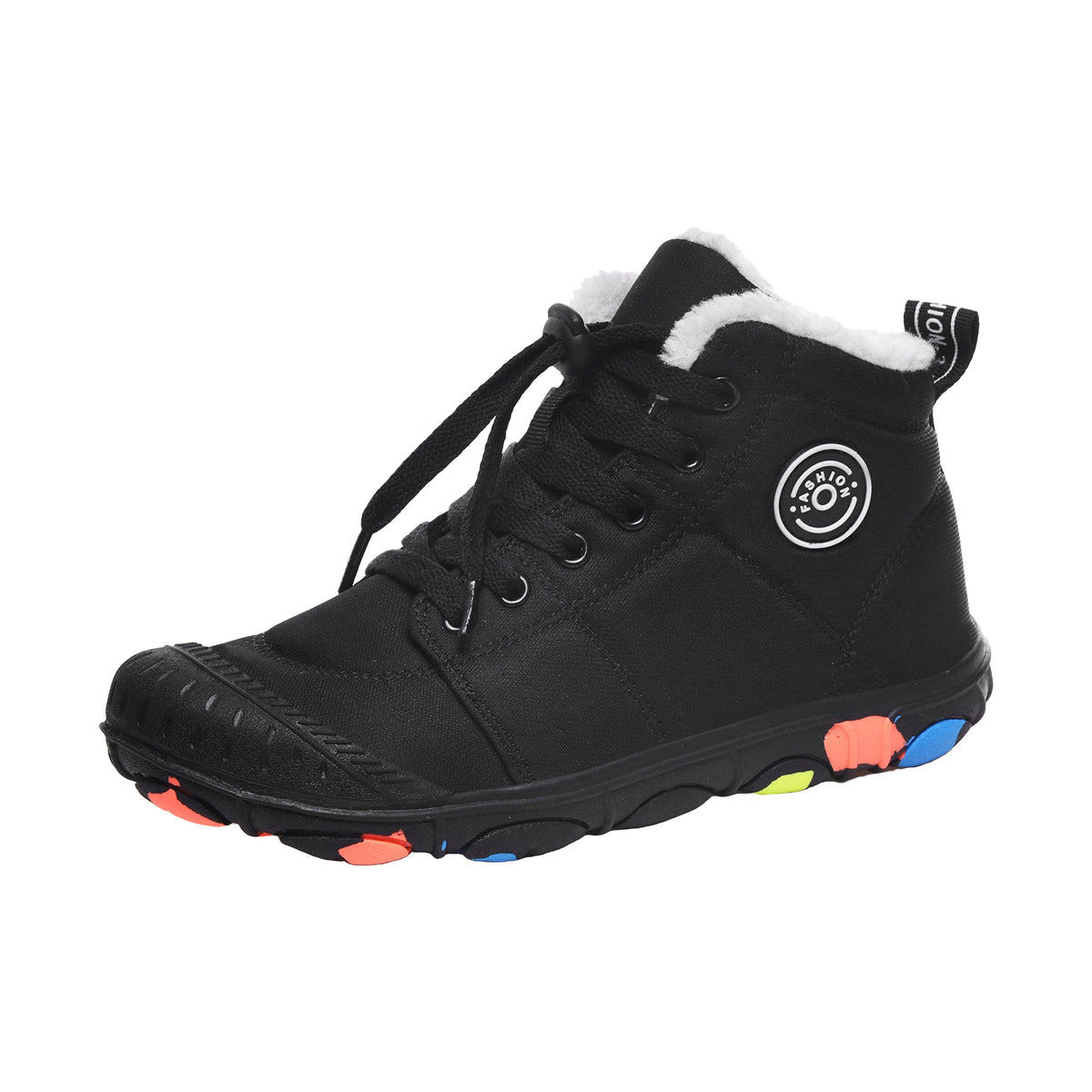 Black Alpine Kids winter barefoot boot with white fleece lining, lace-up front and multicolor grip sole