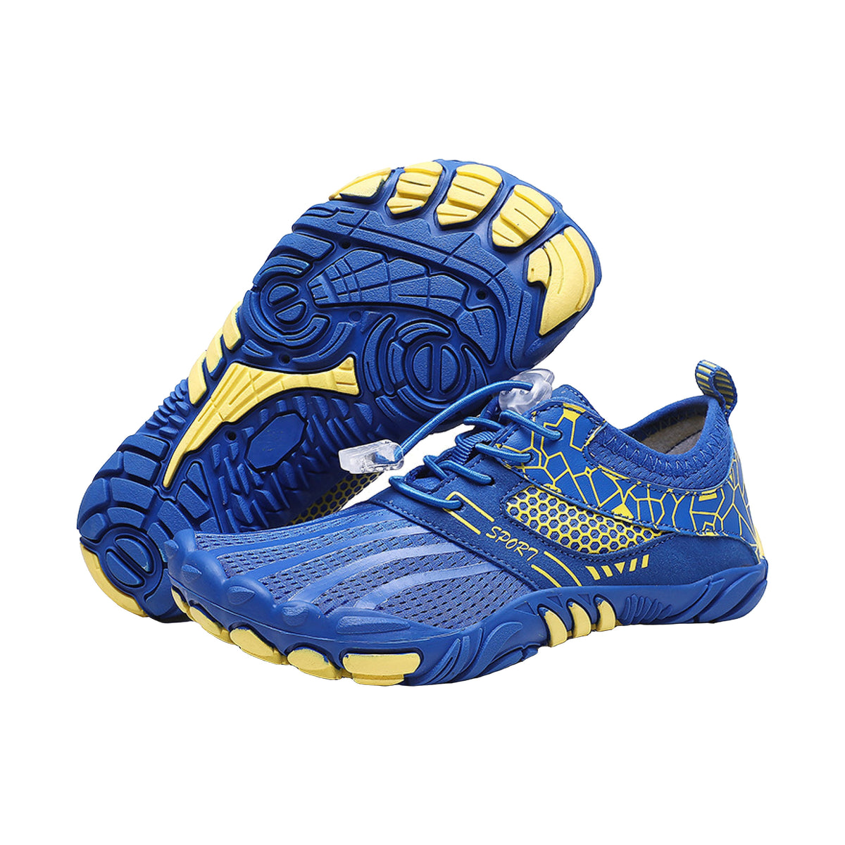 Blue Alpine Teens barefoot shoes pair with yellow soles and lightweight, breathable, foot-strengthening icons