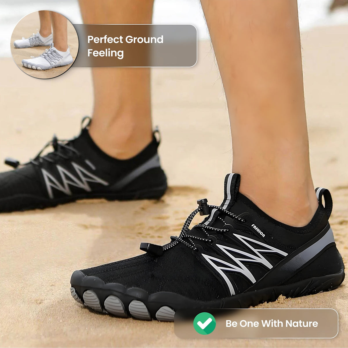 Man walking on the beach in black Athlete Pro barefoot shoes, perfect ground feeling inset with white pair