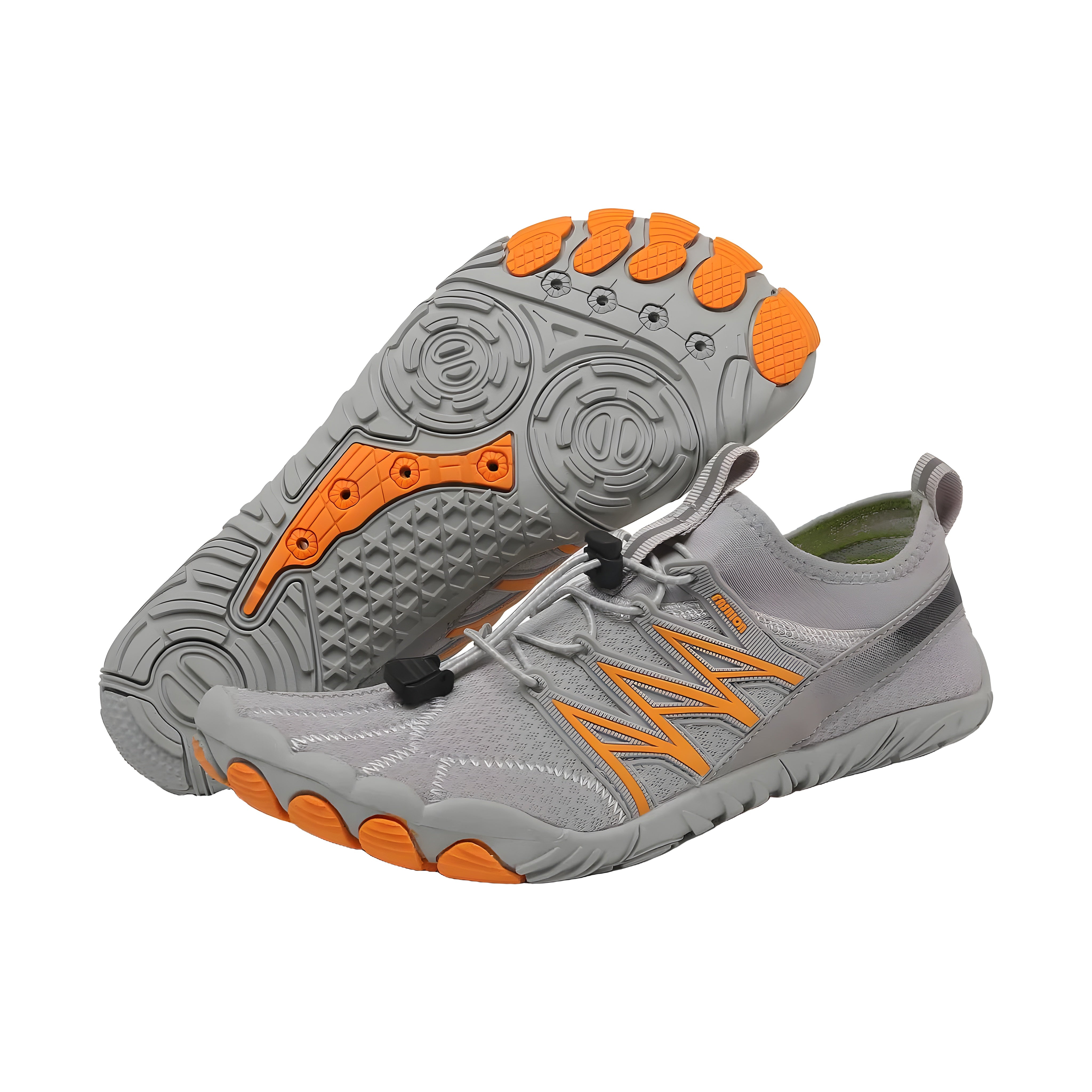 Athlete Pro barefoot shoes in gray with orange zigzag and orange toe pods, side and sole view