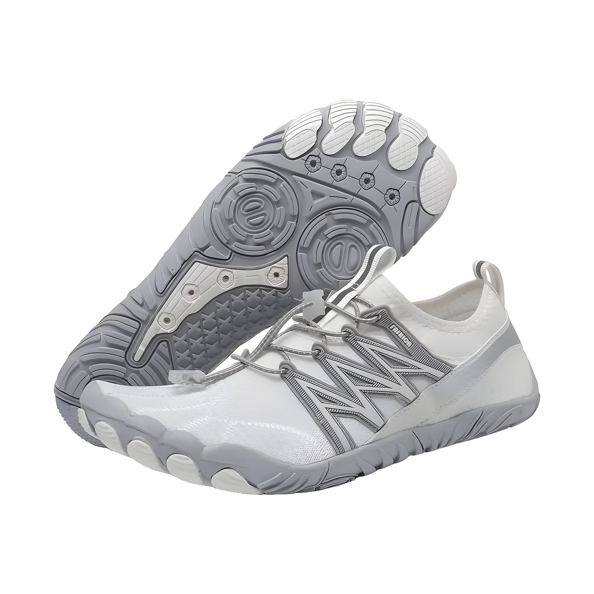 Athlete Pro barefoot shoes in white and gray, studio side view with five-toe outsole turned up