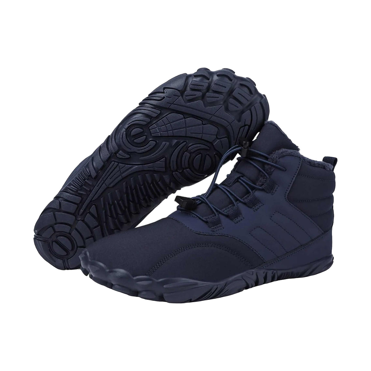 Dark blue Caspar Pro winter barefoot boots with fleece collar, pair with navy lugged sole facing up
