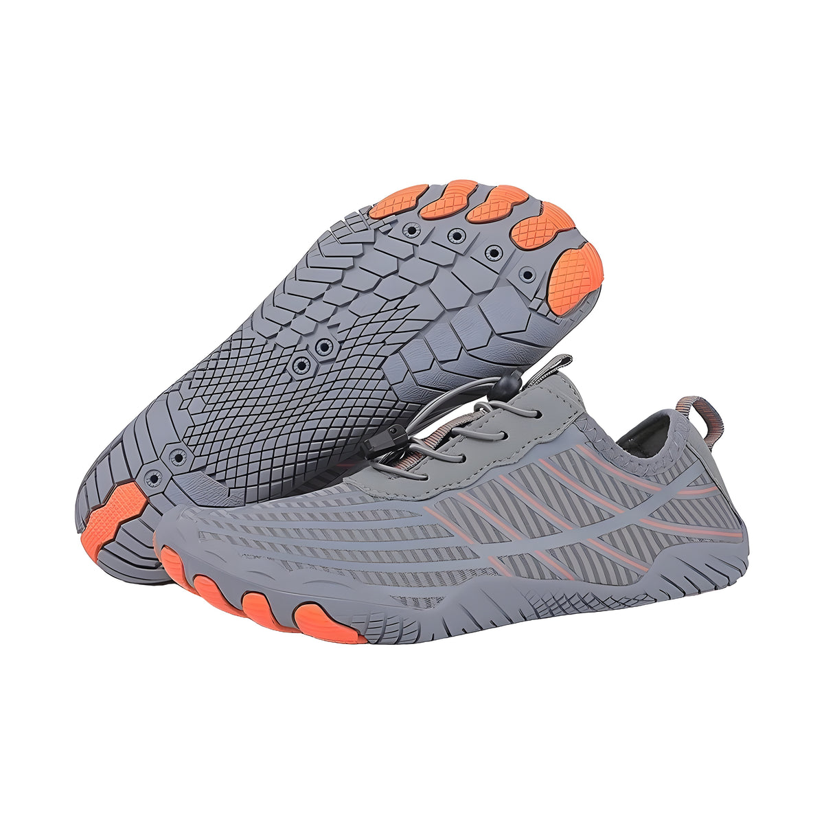 EcoStep wide foot barefoot shoes in gray with orange toe pods and drawstring laces, pair with sole view