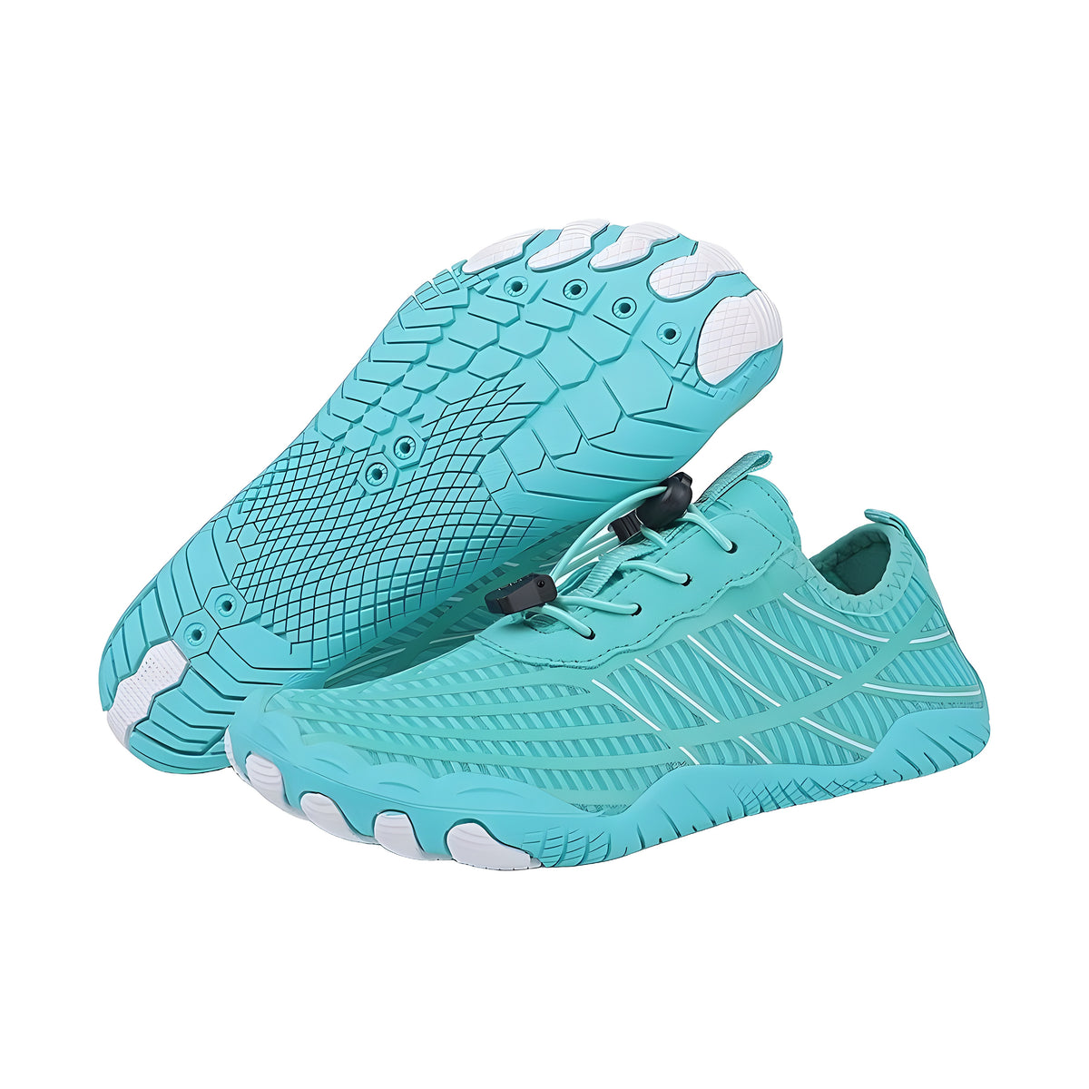 EcoStep wide foot barefoot shoes in turquoise with white toe pods, pair with one sole facing the camera