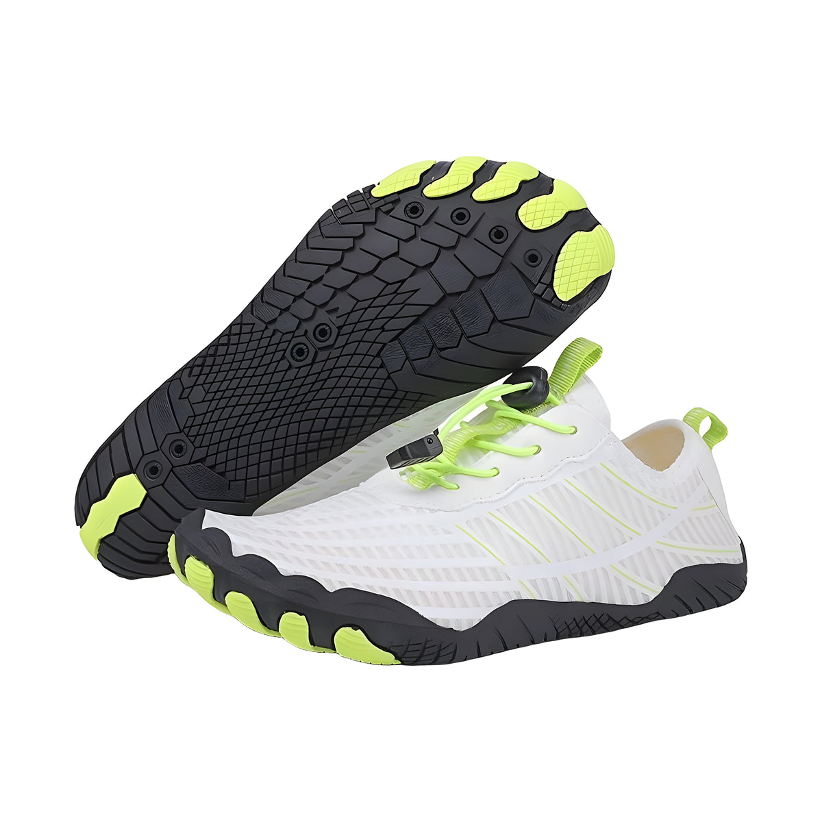 EcoStep wide foot barefoot shoes in white with lime green toe pods, pair with one black sole facing up