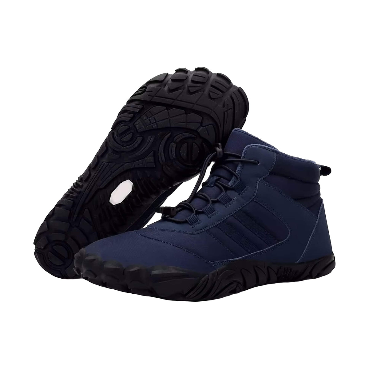 Kasdava Pro winter barefoot boots in dark navy blue with bungee toggle laces and black lugged sole