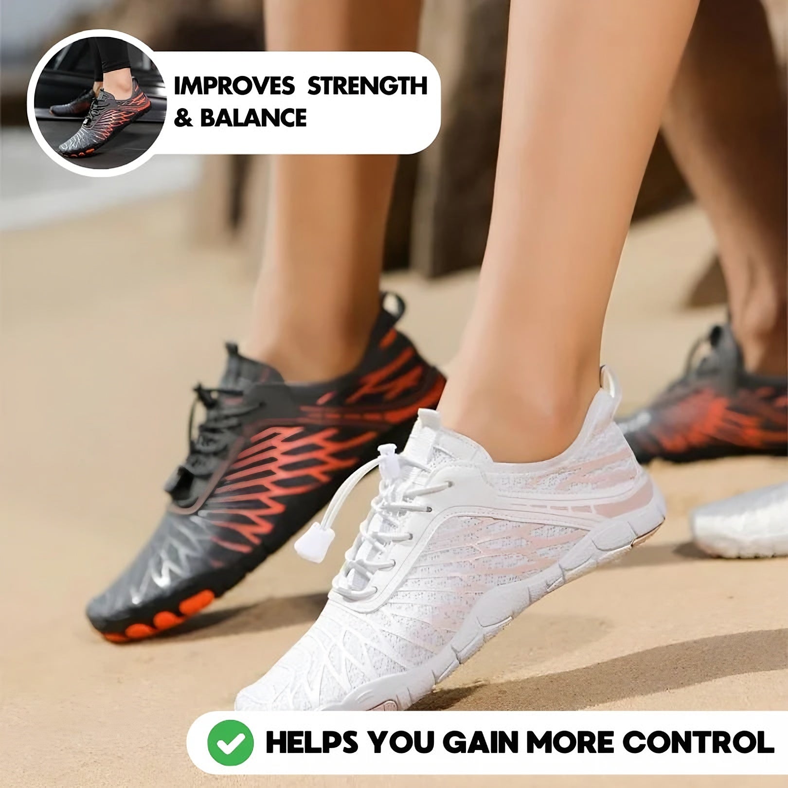 Beach scene with black-orange and white Lorax Pro shoes, improves strength and balance callout
