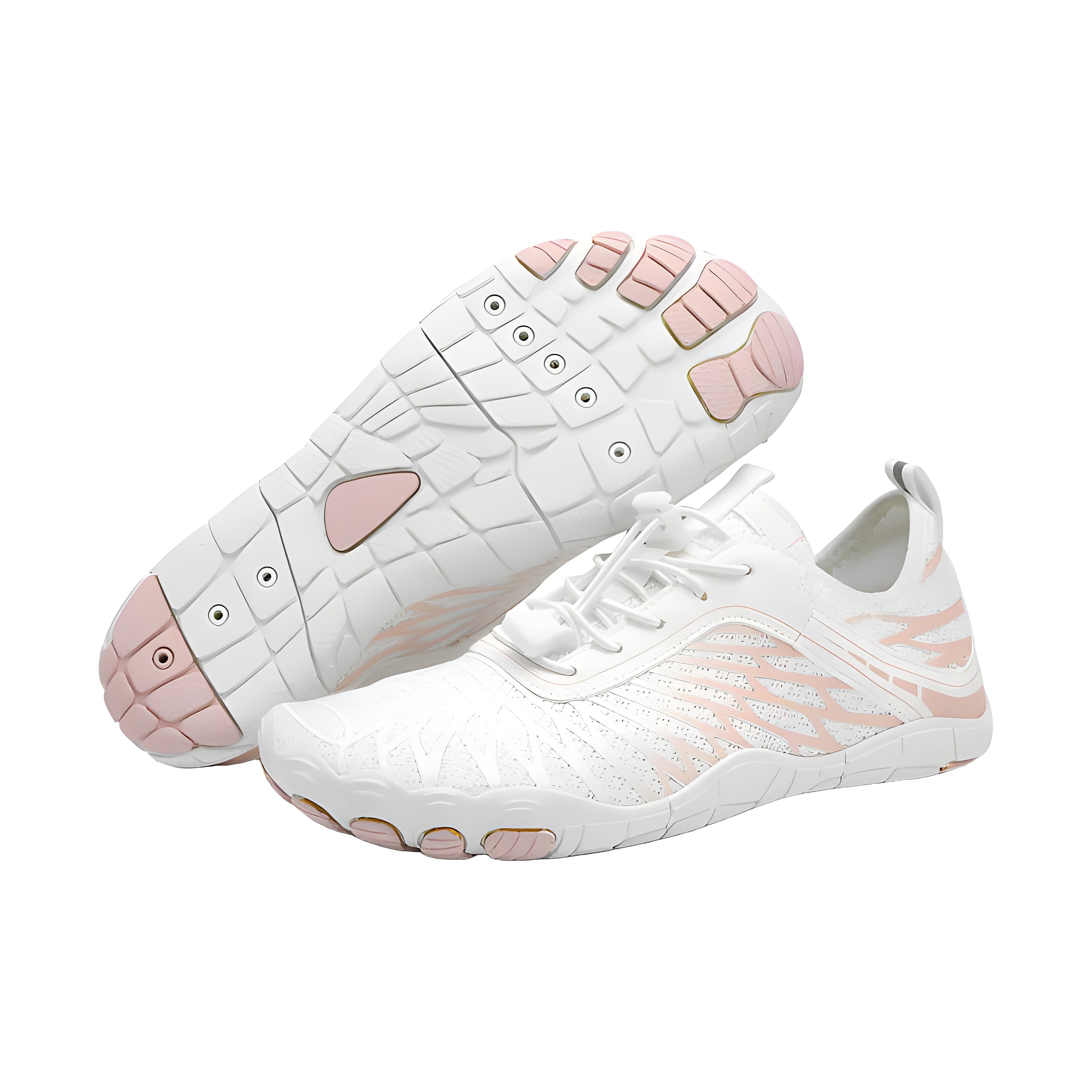 Lorax Pro barefoot shoes in white with pink wing pattern, one showing the pink-tipped outsole