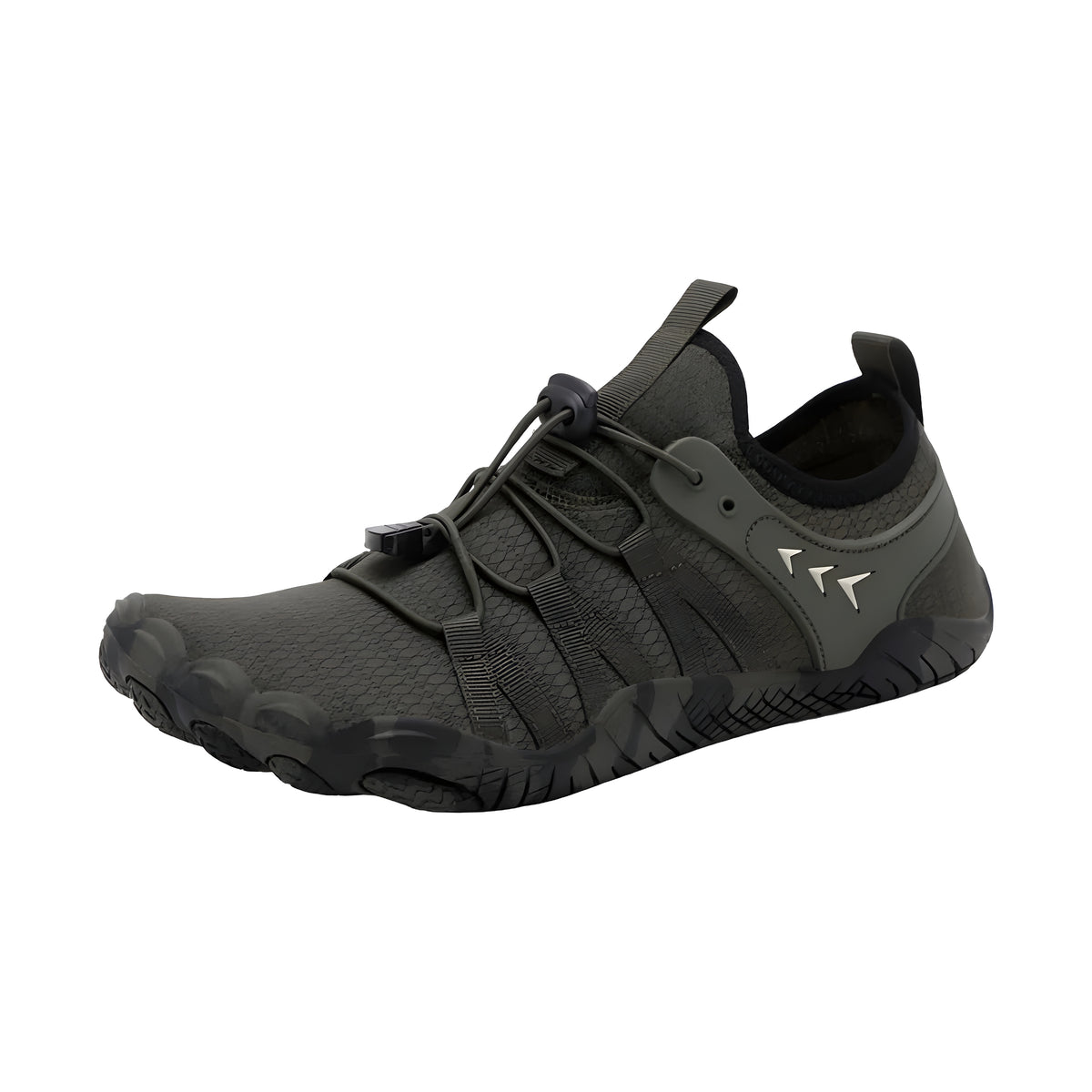 Olive green Savanna Adventure barefoot shoe with camo-textured sole and elastic toggle lacing