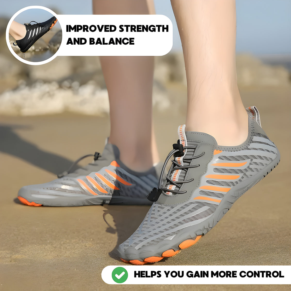 Person walking on a rocky beach in gray TerraFlex shoes, improved strength and balance callout