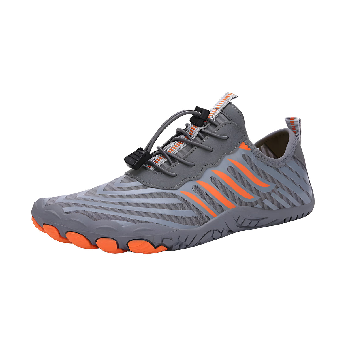 TerraFlex barefoot shoes in gray with orange stripes and orange toe pods, studio side view