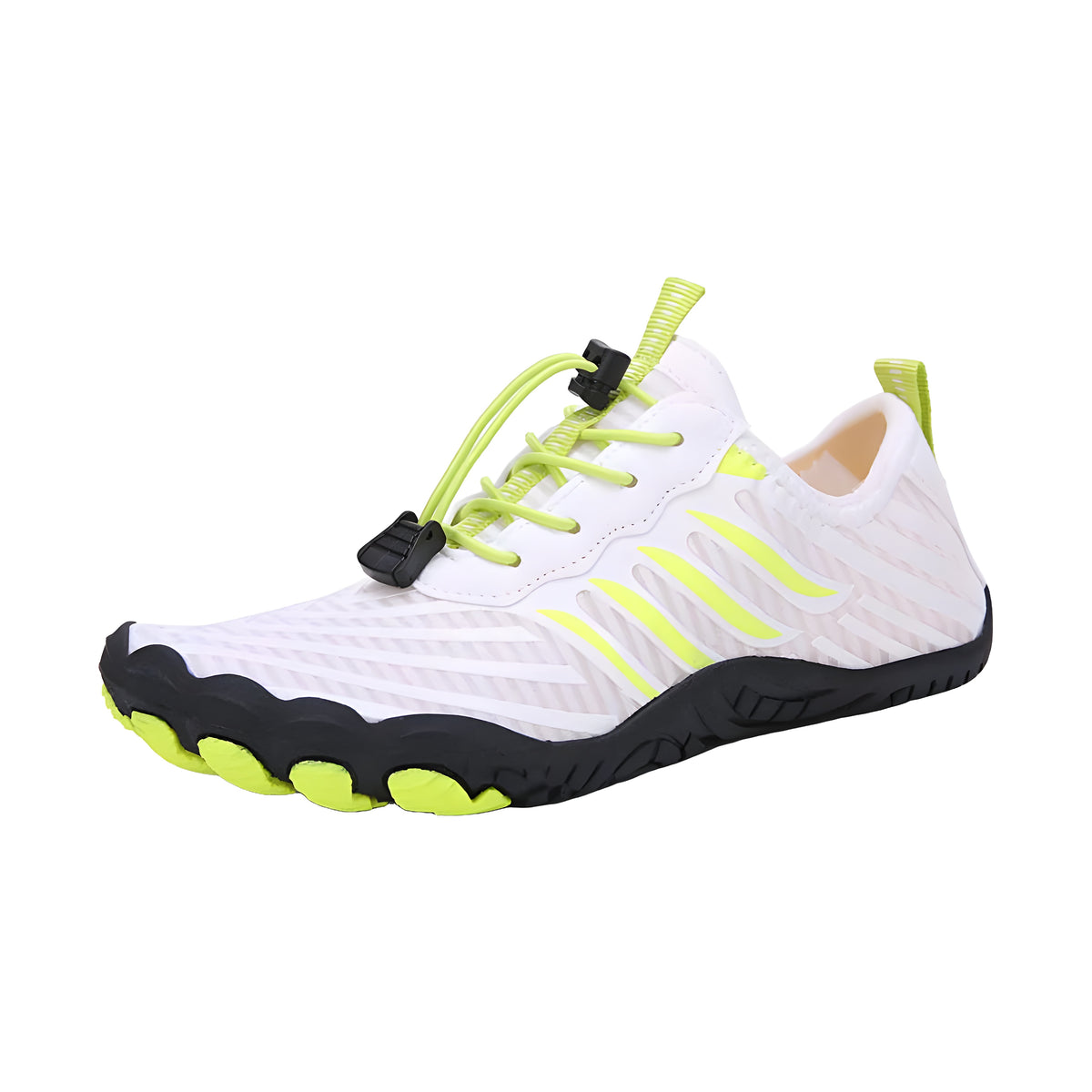 TerraFlex barefoot shoes in white with neon yellow stripes and toe pods, angled side view