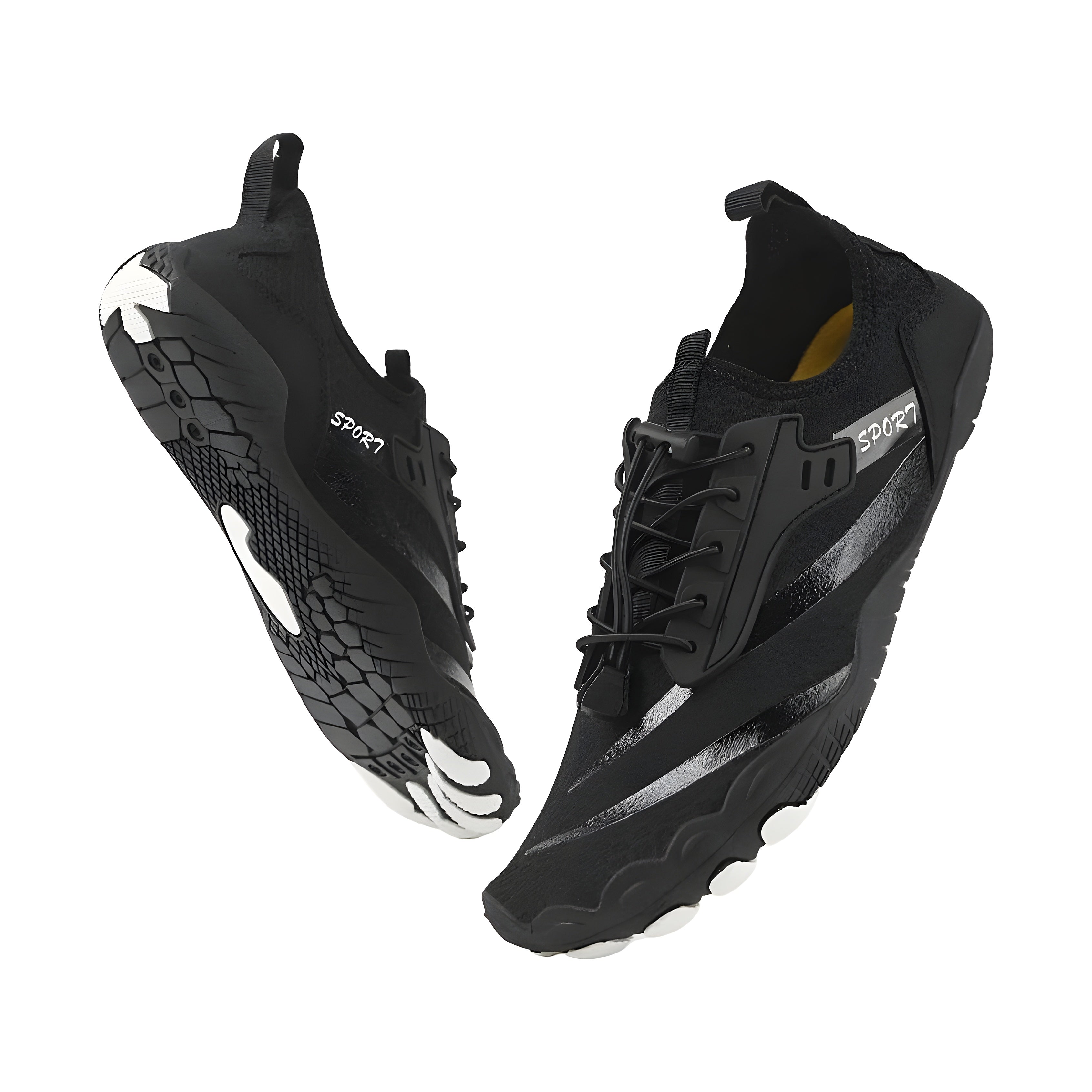 Black TerraTouch barefoot shoes with sport lettering, one tilted to show the white-podded snake-textured sole