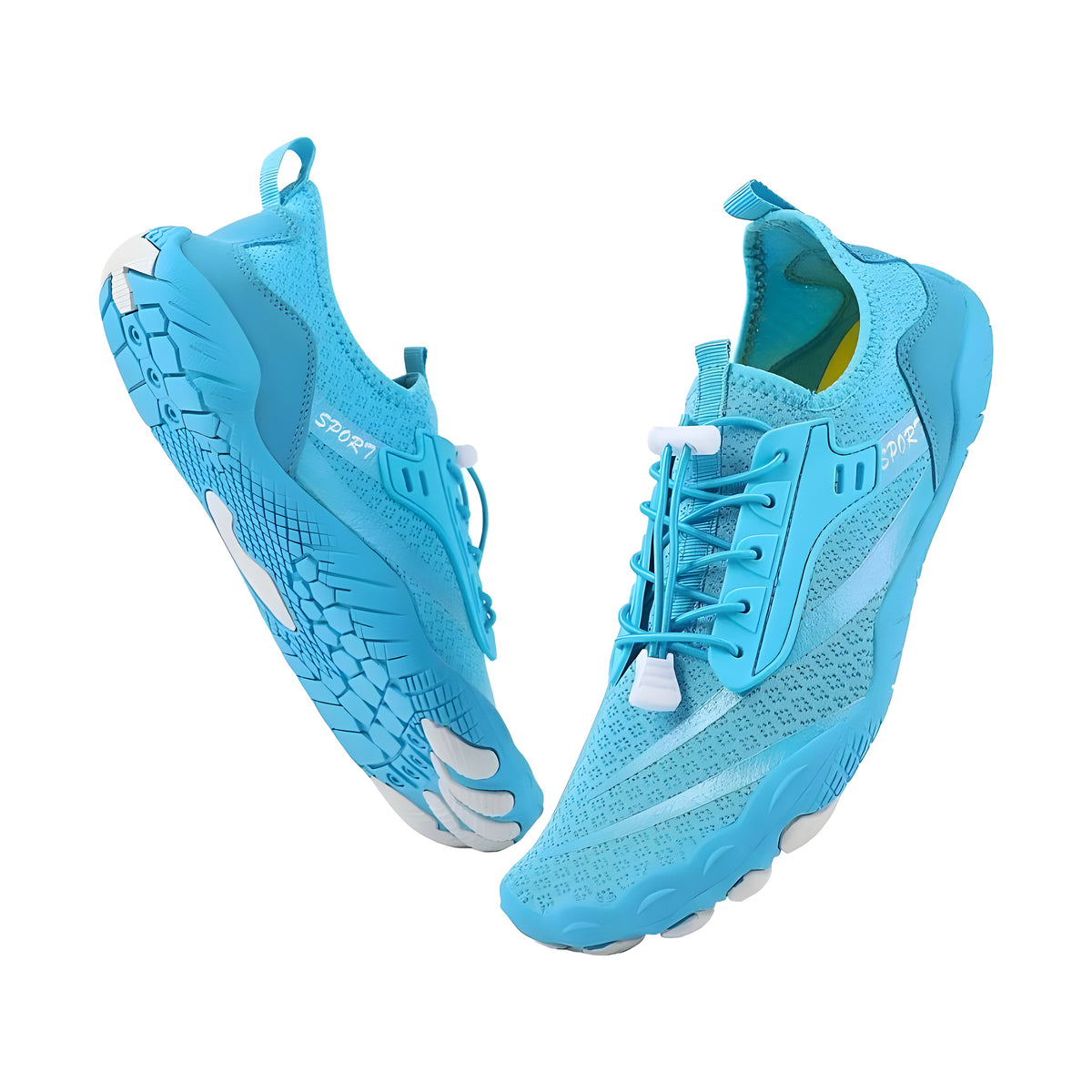 Bright blue TerraTouch barefoot shoes with sport lettering, one tilted to show the white-podded sole
