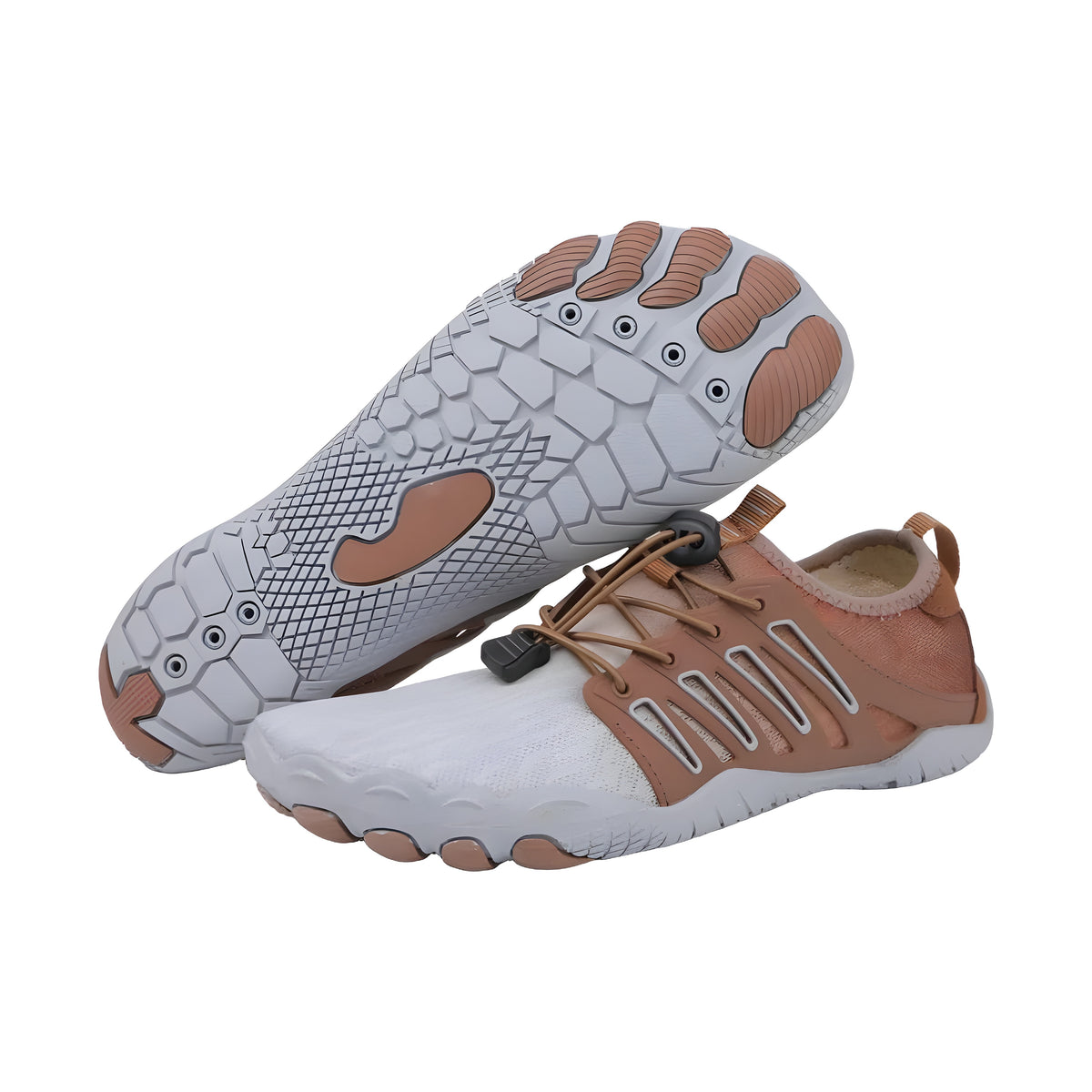 UniGrip barefoot shoes in beige and brown, one displaying the grey outsole with brown pods