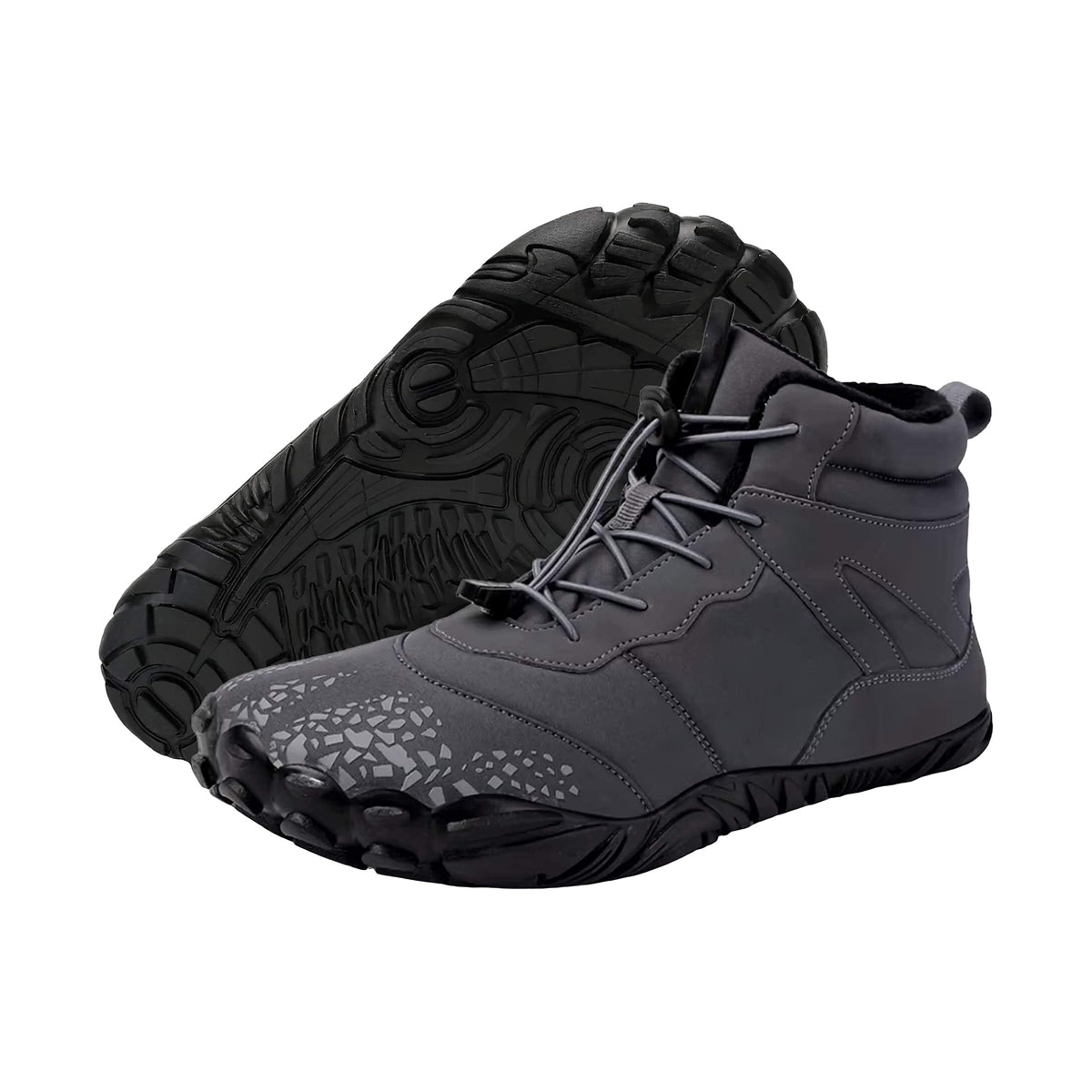 Vindra Flex winter barefoot boots in gray with a fleece collar, pair showing the black lugged outsole