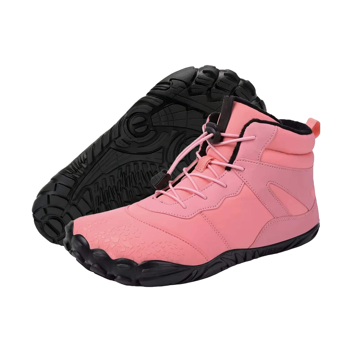 Vindra Flex winter barefoot boots in pink, studio pair with a black lugged sole and elastic toggle lacing