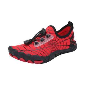 Infographic - WebKids red barefoot shoe with black spider web print: lightweight, breathable, strengthens feet