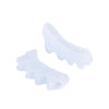 Pair of translucent white gel toe separators with four toe loops on a white background