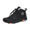 Black Alpine Kids winter barefoot boot with white fleece lining, lace-up front and multicolor grip sole