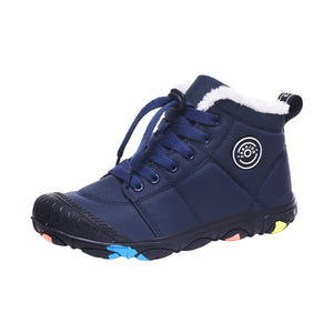 Navy blue Alpine Kids winter barefoot boot with white fleece lining, laces and multicolor grip sole