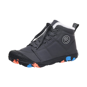 Gray Alpine Kids winter barefoot boot with white fleece collar and colorful non-slip sole accents