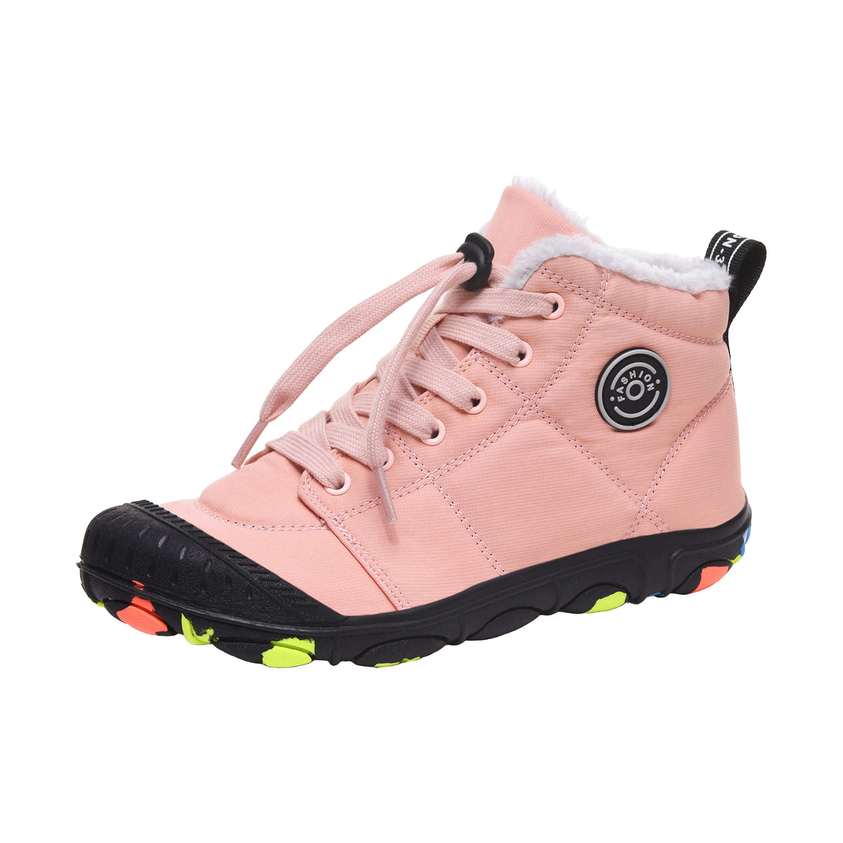 Pink Alpine Kids winter barefoot boot with plush fleece lining, black toe cap and neon sole accents