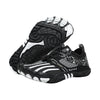 Black Alpine Teens barefoot shoes pair, one sole up, with lightweight, breathable, foot-strengthening icons