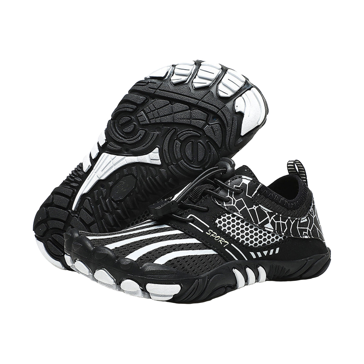 Black Alpine Teens barefoot shoes pair, one sole up, with lightweight, breathable, foot-strengthening icons
