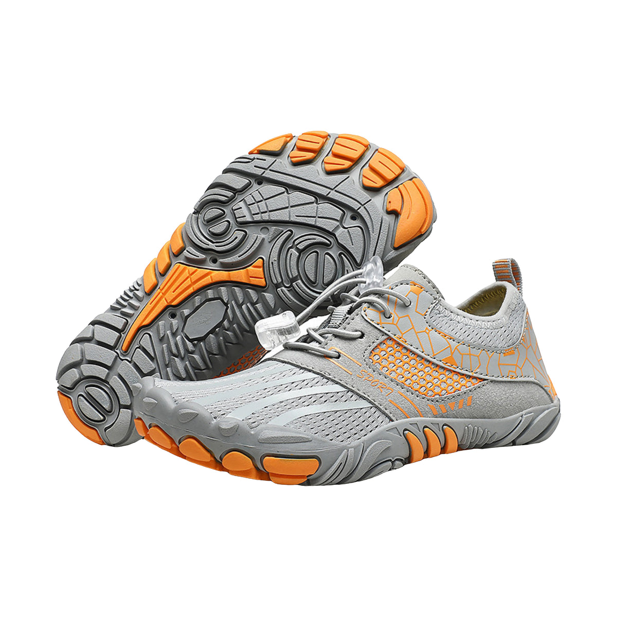 Gray and orange Alpine Teens barefoot shoes pair with lightweight, breathable, foot-strengthening icons