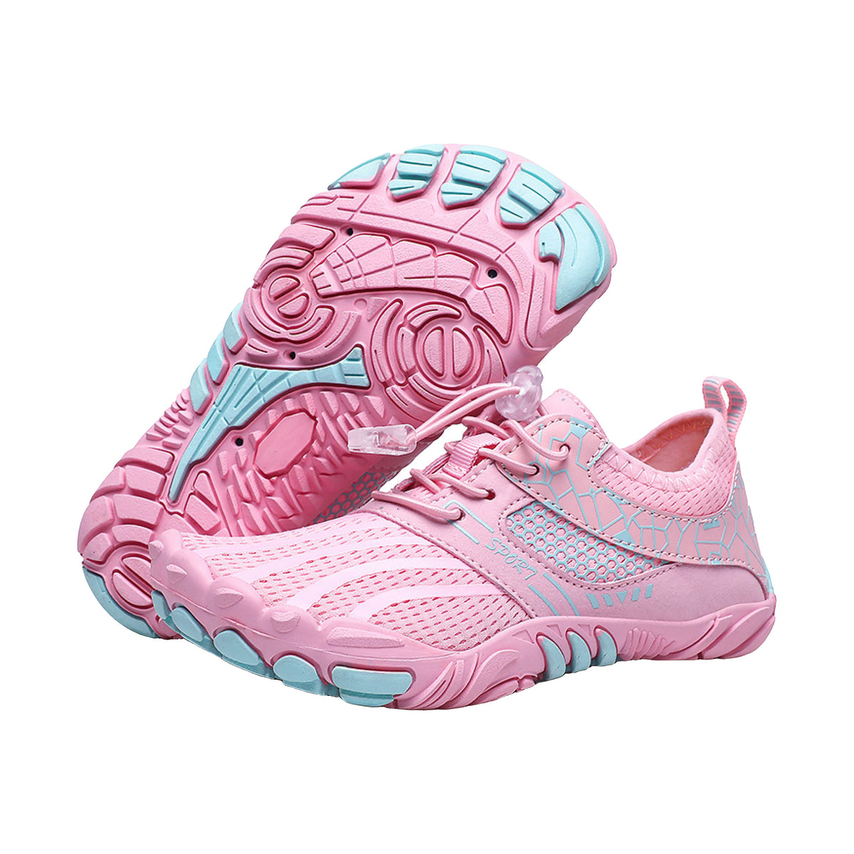 Pink Alpine Teens barefoot shoes pair with mint sole detail and lightweight, breathable design icons