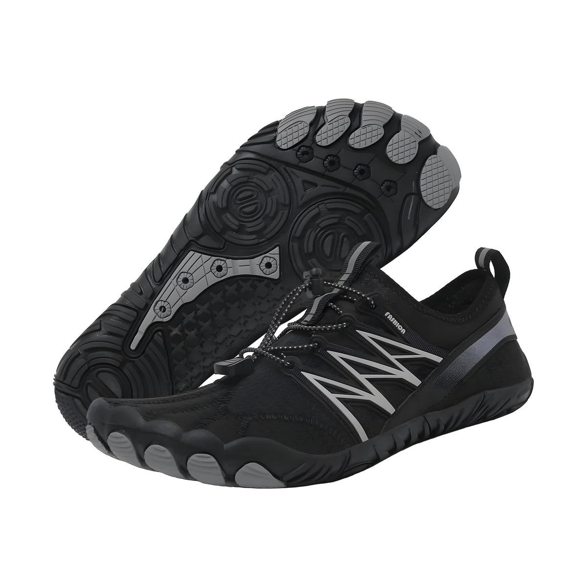 Athlete Pro barefoot shoes in black with gray toe pods, side view with outsole facing up