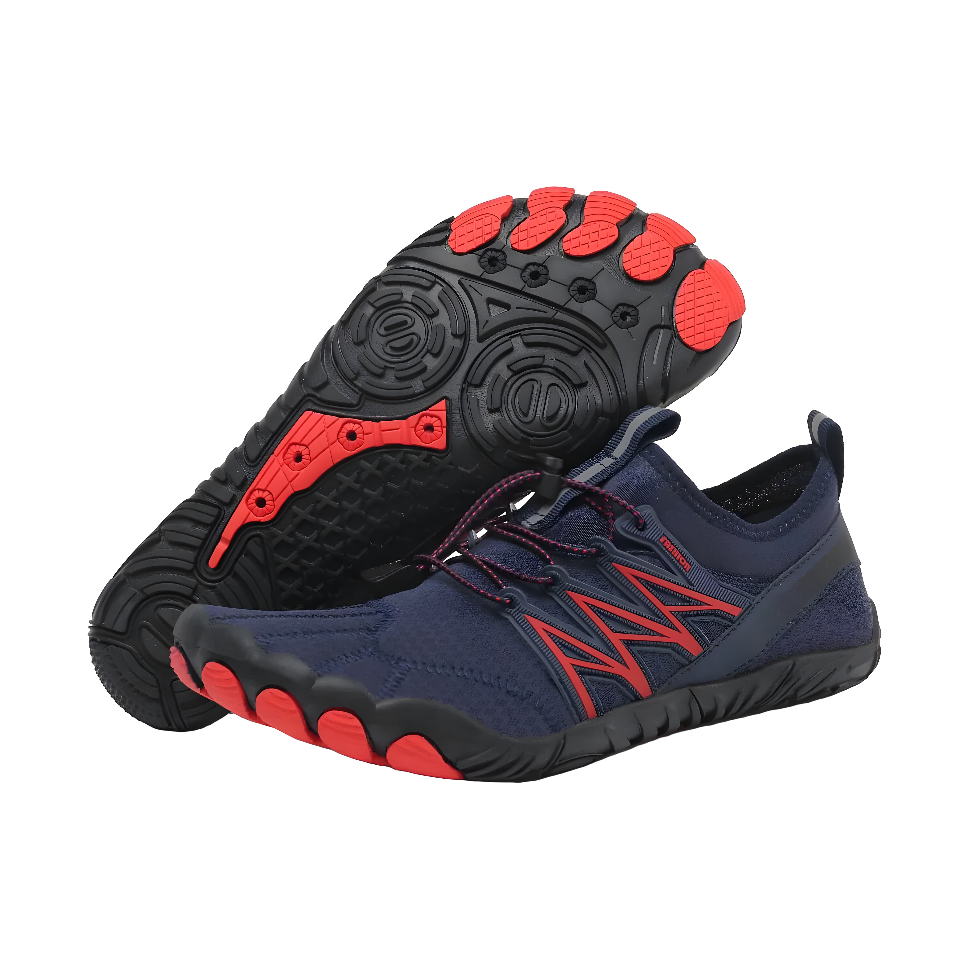 Athlete Pro barefoot shoes in navy blue with red toe pods and red zigzag detail, side and sole view