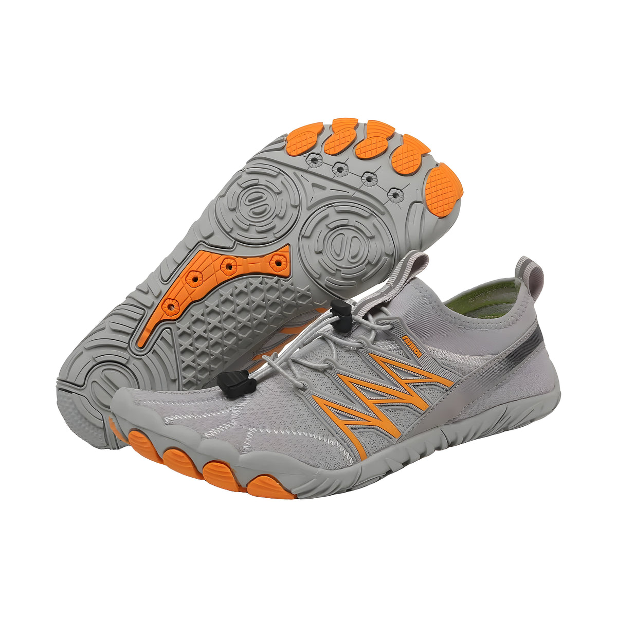 Athlete Pro barefoot shoes in gray with orange zigzag and orange toe pods, side and sole view