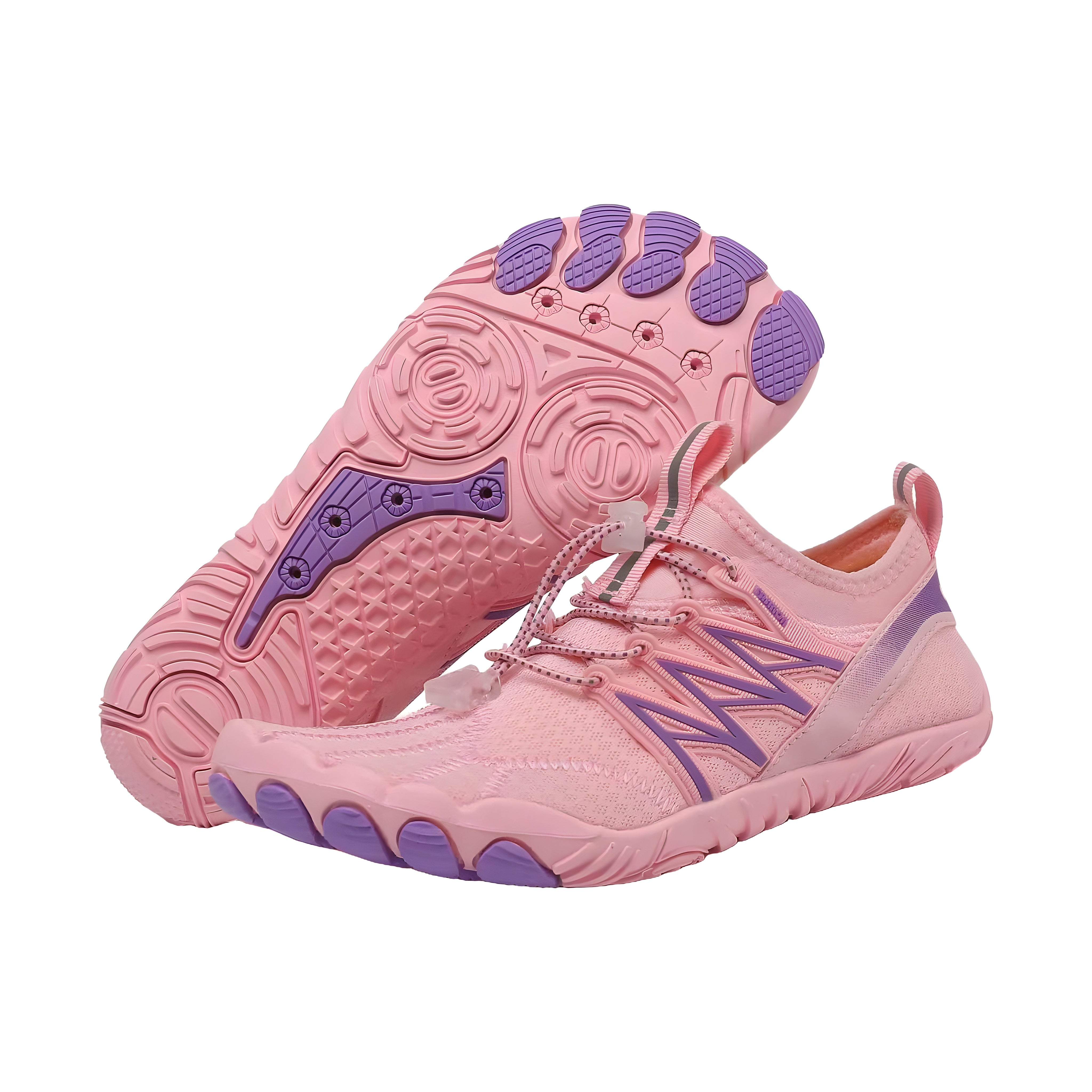 Athlete Pro barefoot shoes in pink with purple zigzag and purple toe pods, side and sole view