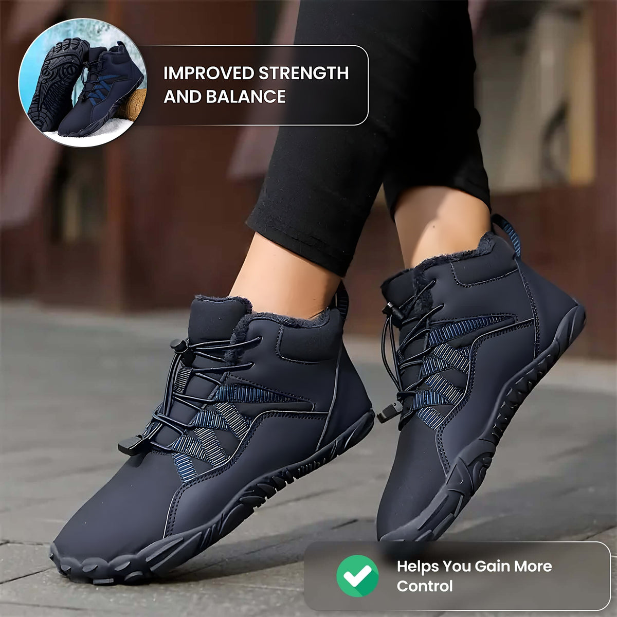 Person on a city street wearing navy Carter Elite barefoot boots, improved strength and balance callout