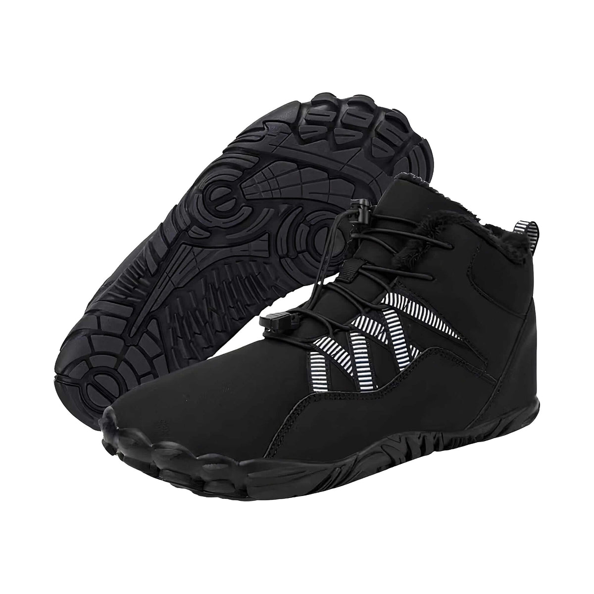 Carter Elite winter barefoot boots in black with white striped webbing and a fur-lined collar, studio pair