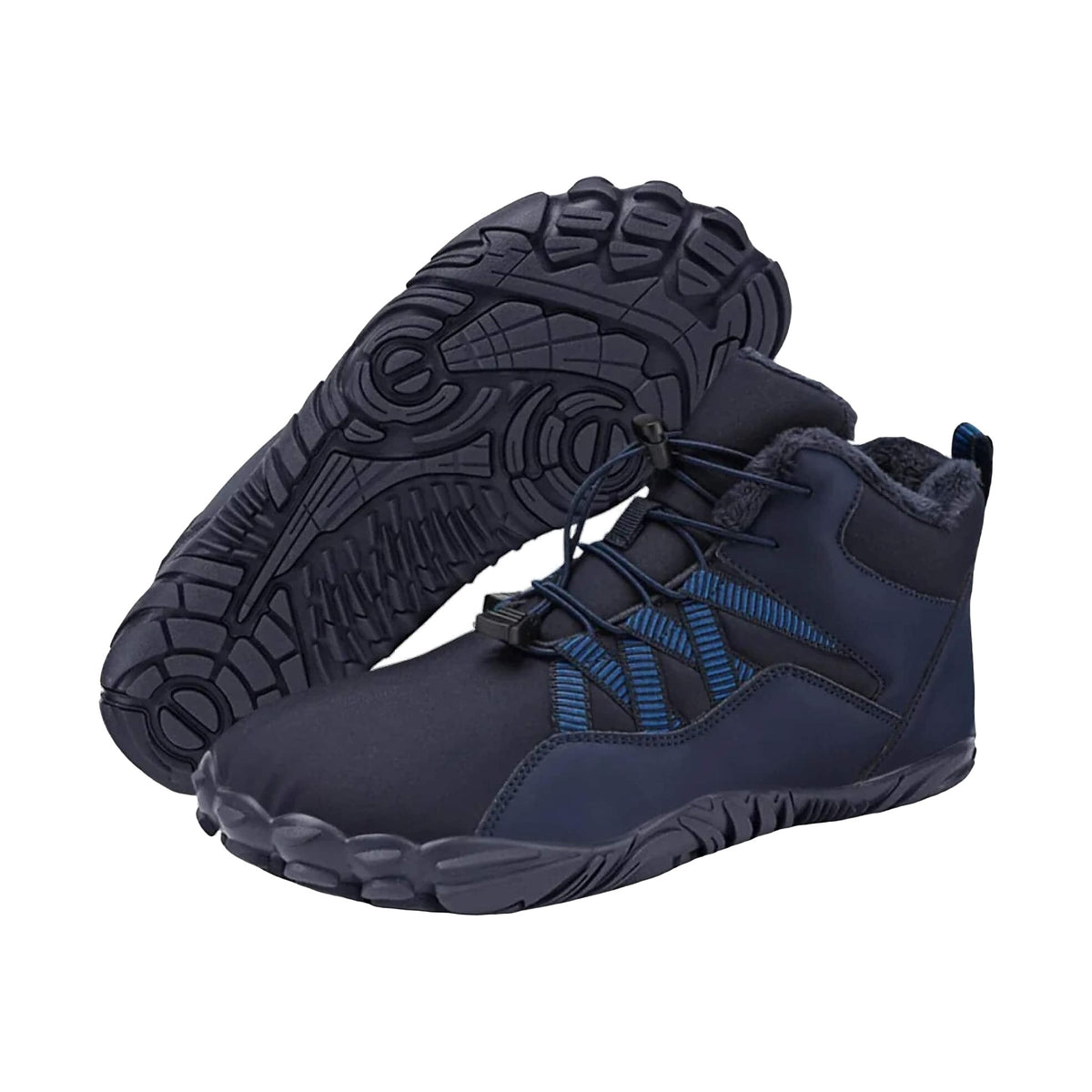 Carter Elite winter barefoot boots in navy blue with striped webbing and fleece lining, sole tipped up