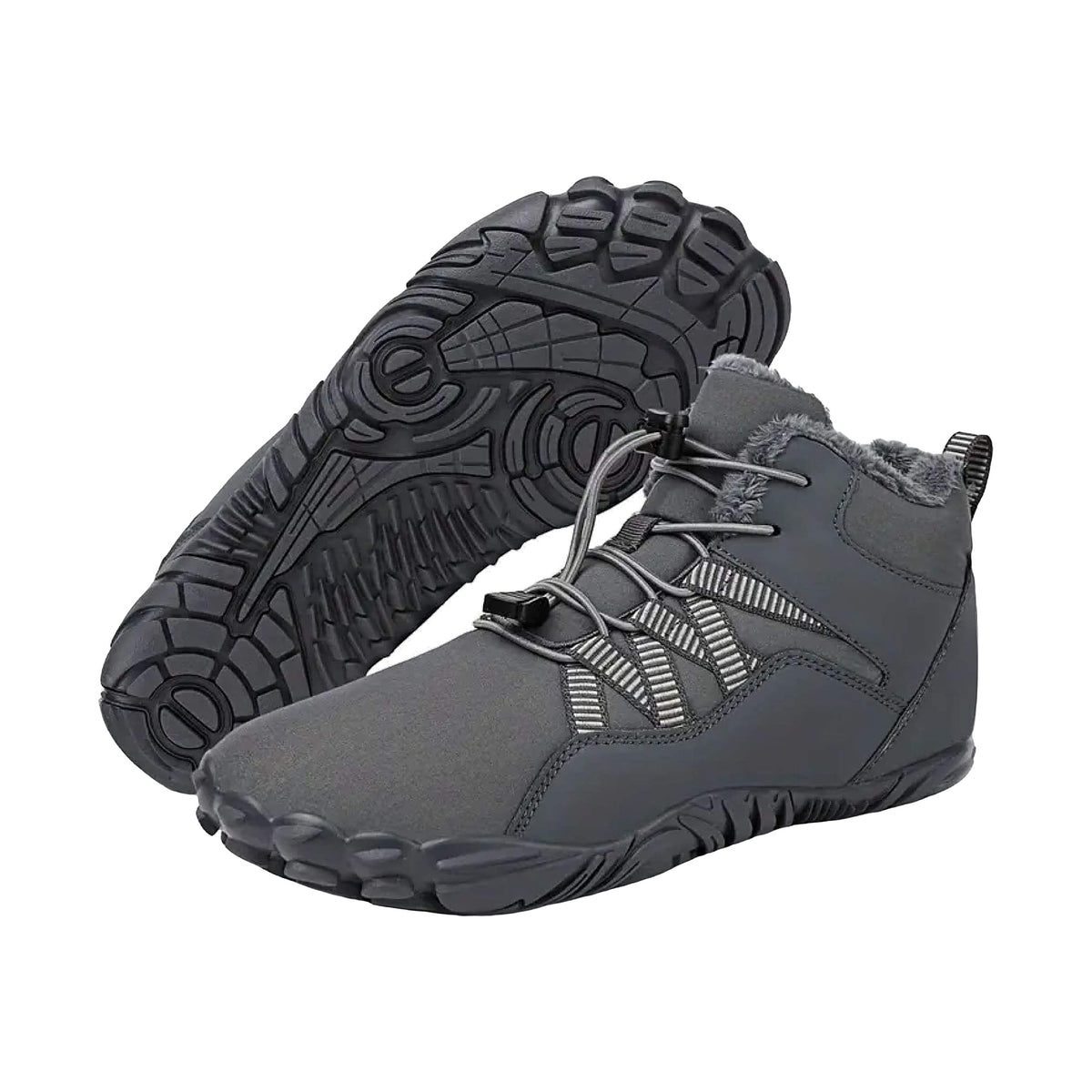 Carter Elite winter barefoot boots in gray with fleece lining and striped webbing, one showing the lugged sole