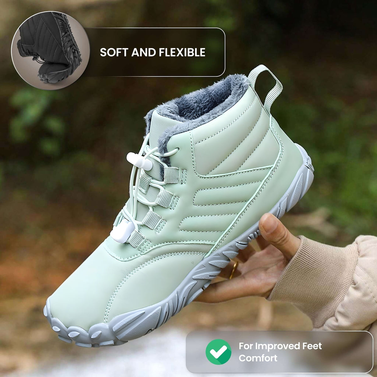 Infographic - Caspar Pro: soft and flexible for improved feet comfort; hand bending mint green fleece-lined boot