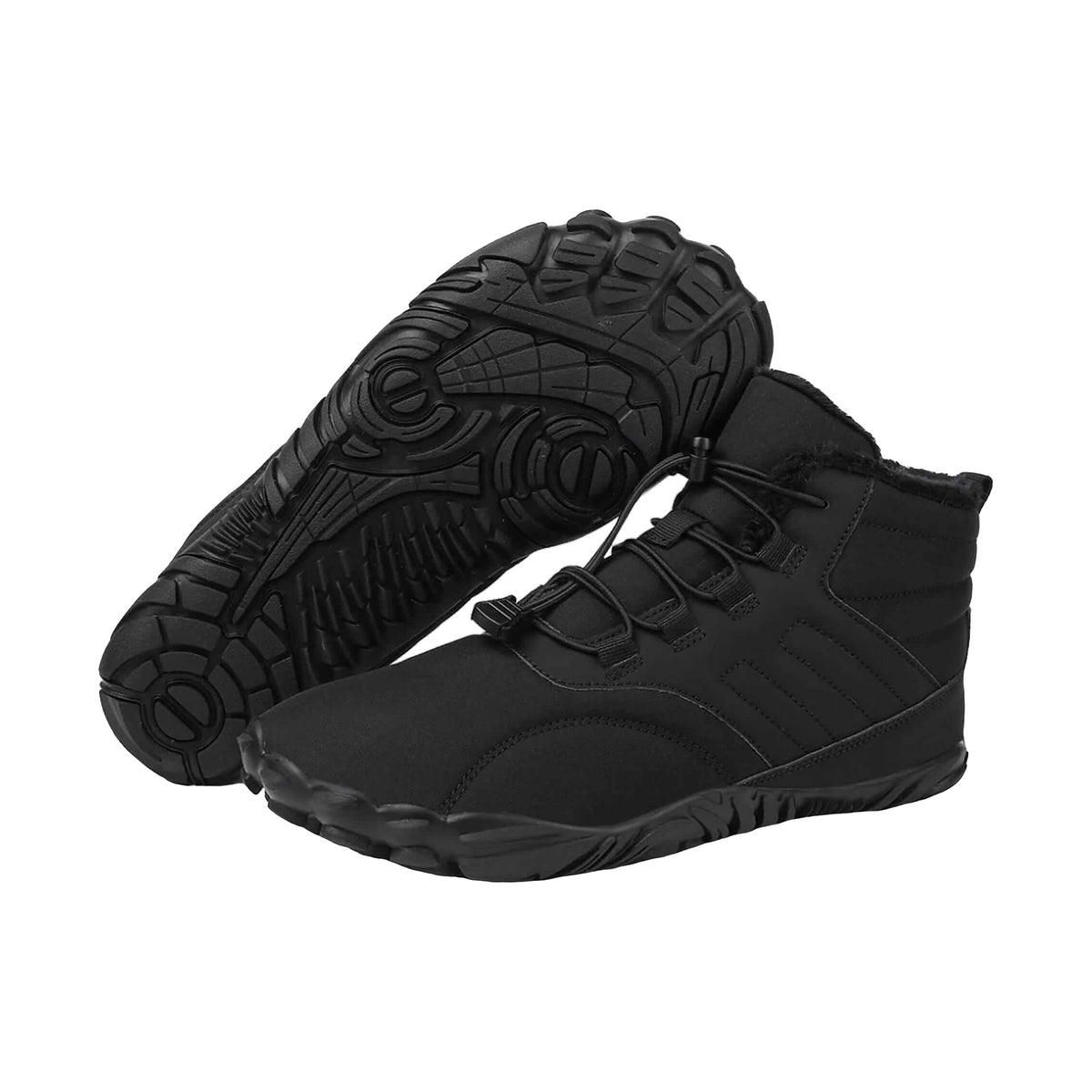 Black Caspar Pro winter barefoot boots with fur lining and toggle lacing, sole tread shown on flipped boot