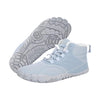 Light blue Caspar Pro winter barefoot boots with fleece lining, pair showing gray lugged sole and feature icons