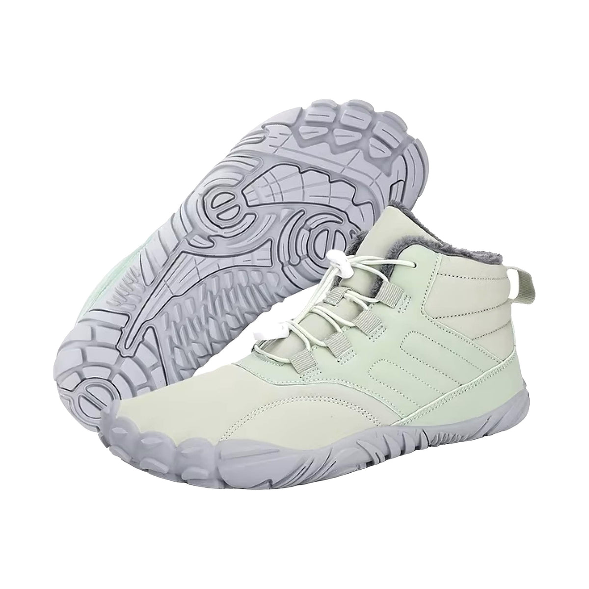 Pale green Caspar Pro winter barefoot boots with gray fleece lining, flipped boot showing light lugged sole