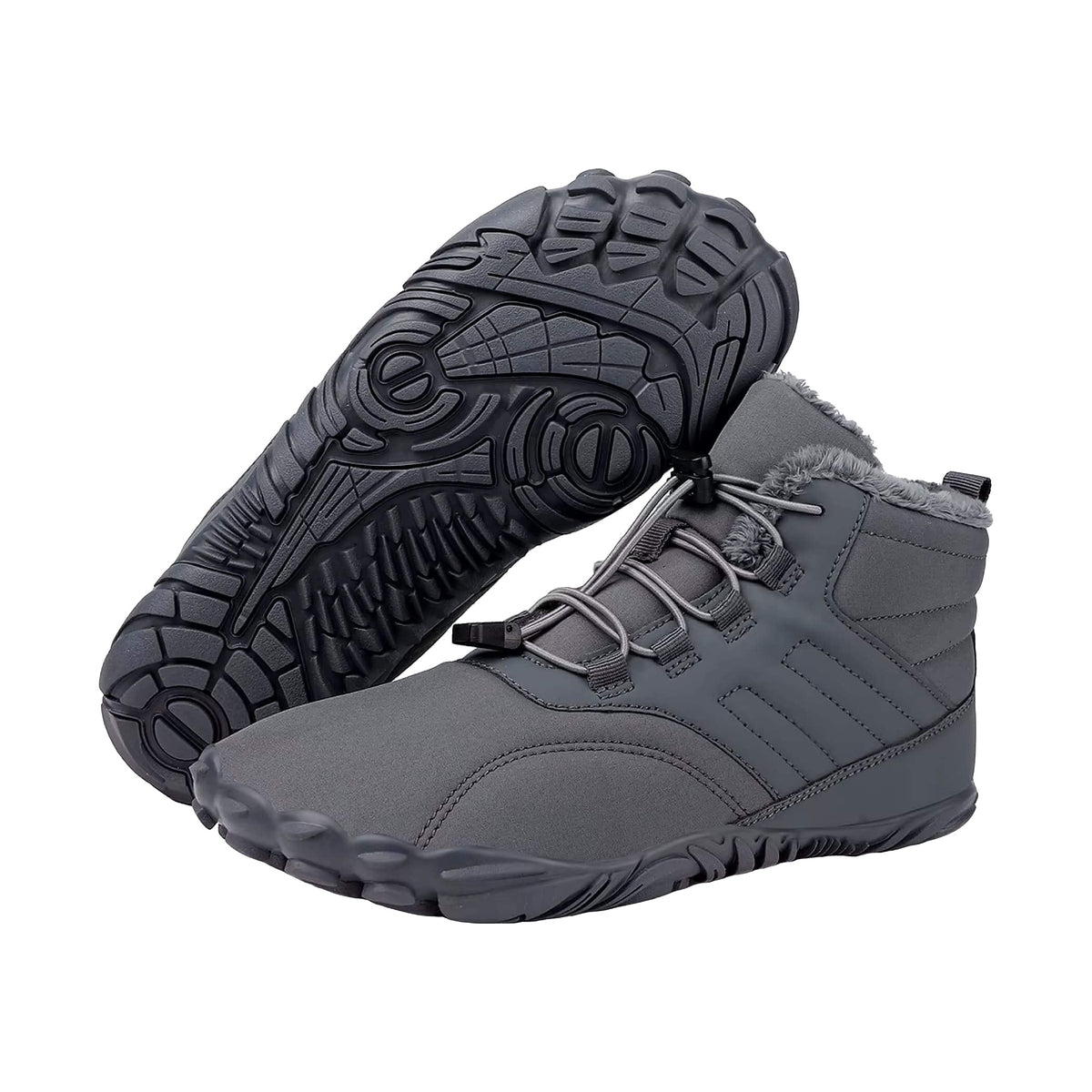Gray Caspar Pro winter barefoot boots with plush fleece collar, one boot flipped showing black lugged sole