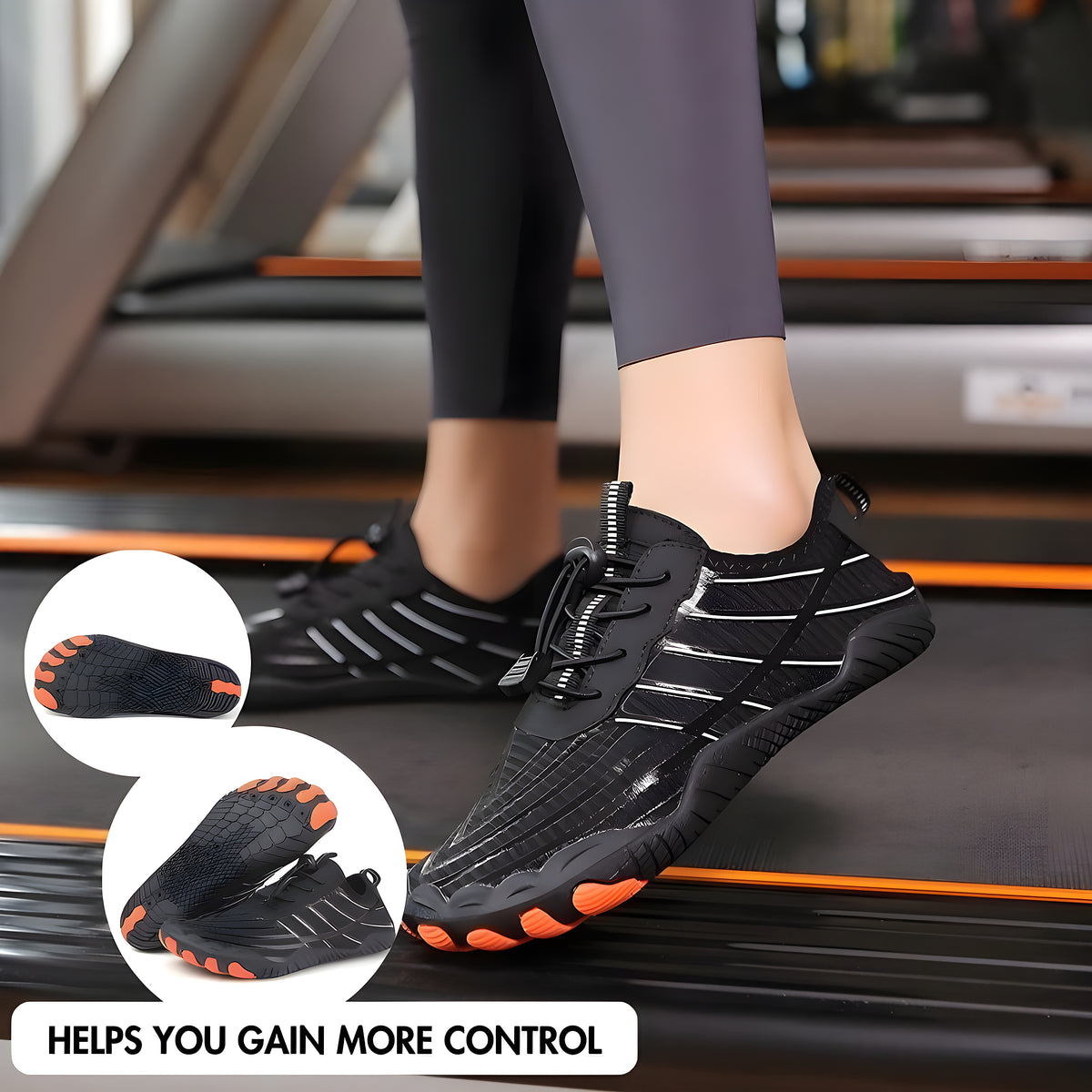 Person on a treadmill in black EcoStep barefoot shoes with orange sole pods, gain more control caption and insets