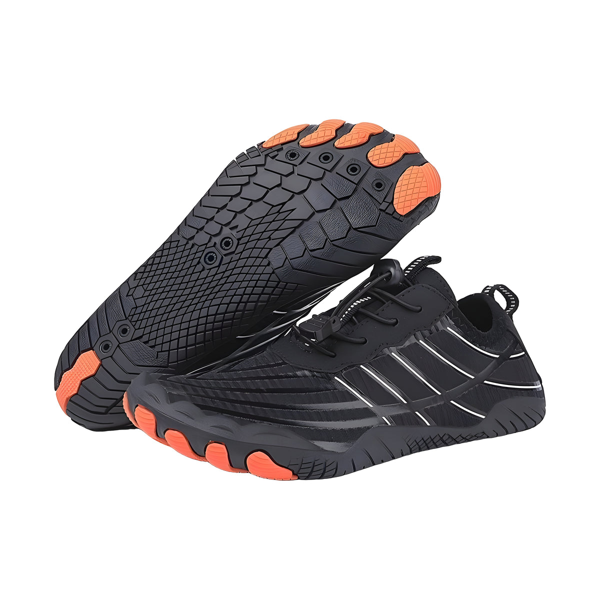 EcoStep wide foot barefoot shoes in black with orange toe pods, pair with one shoe showing the flexible sole