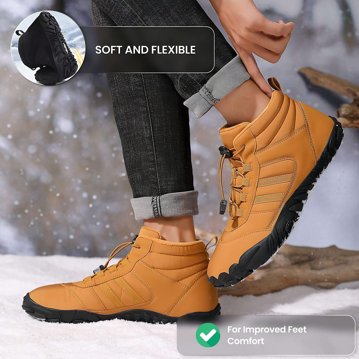 Person in rolled jeans wearing camel brown Kasdava Pro barefoot boots in falling snow, soft flexible sole inset