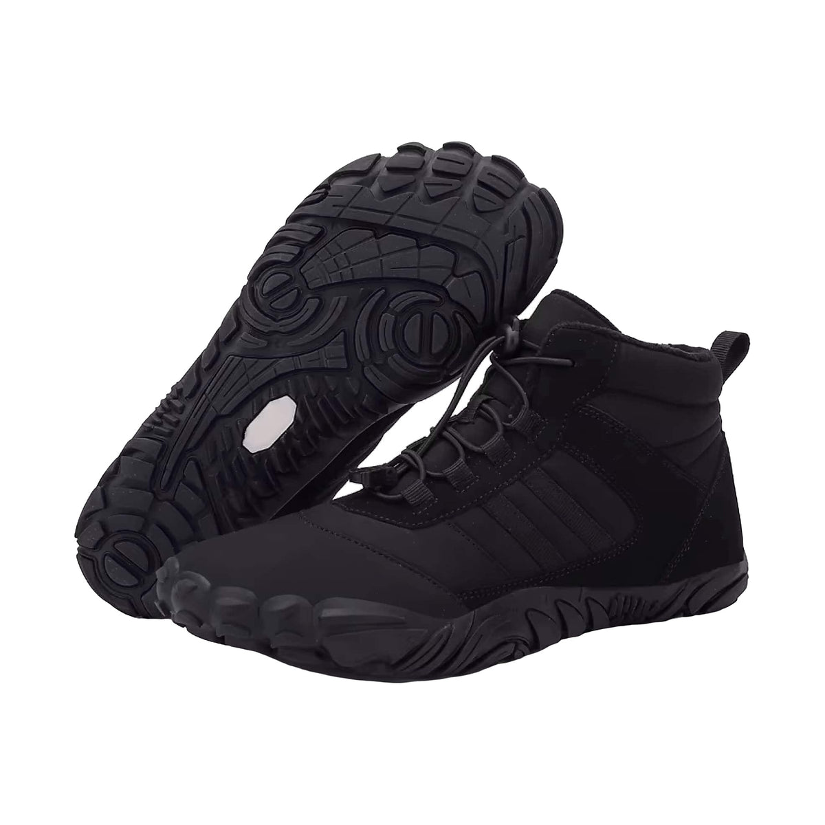Kasdava Pro winter barefoot boots in all black, one boot flipped to show the lugged non-slip sole