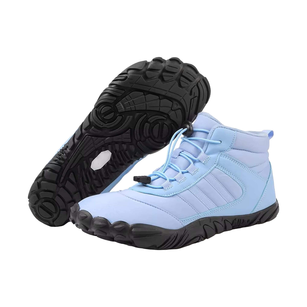 Kasdava Pro winter barefoot boots in light blue, one boot flipped to show the black lugged non-slip sole